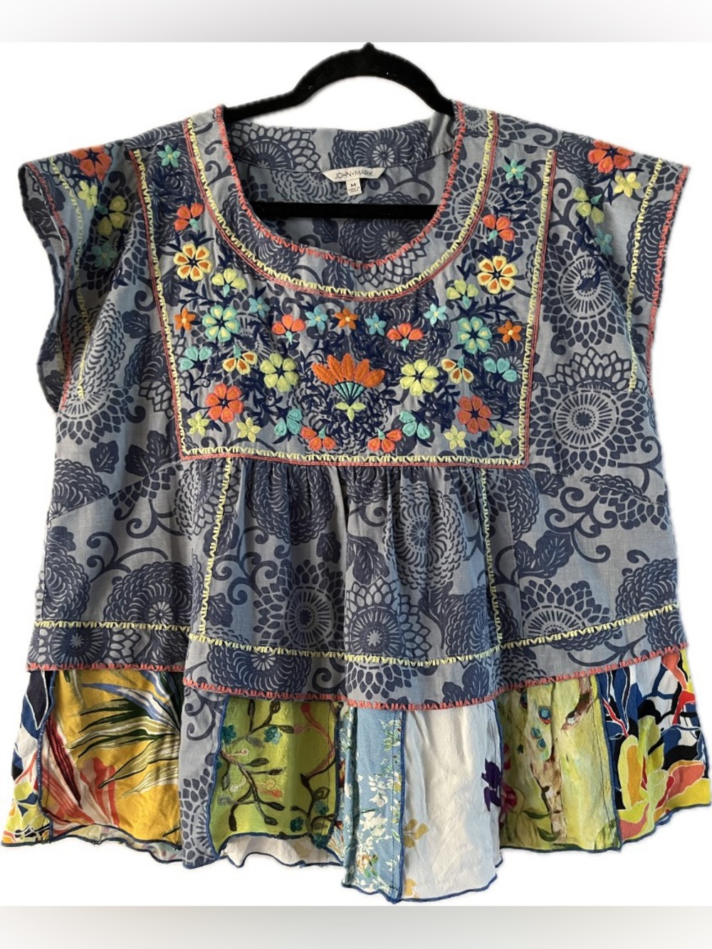 John Mark Mixed Media Embroidered Patchwork Floral Tiered Top